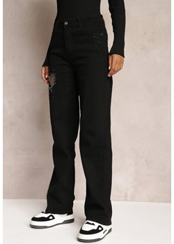 Czarne Szerokie Jeansy w Cyrkonie i Wycięciem Serca Inove ze sklepu Renee odzież w kategorii Jeansy damskie - zdjęcie 161963030