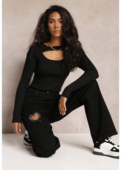 Czarne Szerokie Jeansy w Cyrkonie i Wycięciem Serca Inove ze sklepu Renee odzież w kategorii Jeansy damskie - zdjęcie 161963032