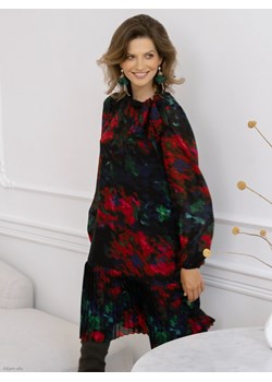 Granatowa sukienka w kwiatowy wzór z wiązaniem przy dekolcie Potis & Verso Rubin ze sklepu Eye For Fashion w kategorii Sukienki - zdjęcie 161967421