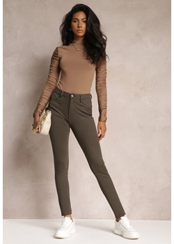 Ciemnozielone Skinny Spodnie z Kieszeniami i Zapięciem na Guzik oraz Suwak Mendieva ze sklepu Renee odzież w kategorii Spodnie damskie - zdjęcie 161996143