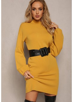 Żółta Sukienka Mini Sweterkowa z Luźnymi Rękawami Falis ze sklepu Renee odzież w kategorii Sukienki - zdjęcie 161996233