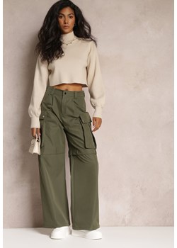 Zielone Szerokie Spodnie High Waist w Stylu Cargo Vomisal ze sklepu Renee odzież w kategorii Spodnie damskie - zdjęcie 161996263