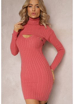 Różowy 2-częściowy Komplet Dzianinowy Sukienka i Sweter Crop Top Rewerta ze sklepu Renee odzież w kategorii Komplety i garnitury damskie - zdjęcie 162020384