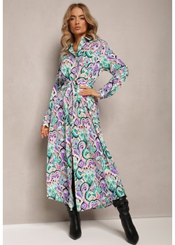 Fioletowo-Zielona Koszulowa Sukienka Maxi z Wiązanym Paskiem Tiamella ze sklepu Renee odzież w kategorii Sukienki - zdjęcie 162043294