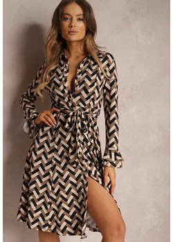 Beżowa Sukienka Koszulowa w Geometryczny Wzór Reimeza ze sklepu Renee odzież w kategorii Sukienki - zdjęcie 162065952