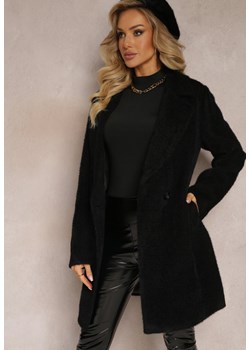 Czarny Puchaty Płaszcz z Kieszeniami i Paskiem Walles ze sklepu Renee odzież w kategorii Płaszcze damskie - zdjęcie 162066103