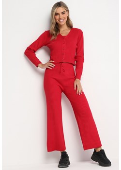 Czerwony 3-Częściowy Komplet Top na Ramiączkach Zapinany Kardigan oraz Szerokie Spodnie Clauditta ze sklepu Born2be Odzież w kategorii Komplety i garnitury damskie - zdjęcie 162088850