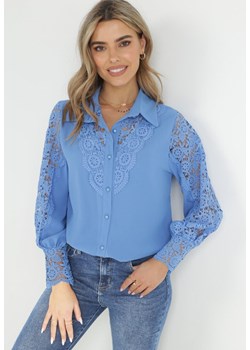 Niebieska Koszula z Ażurowymi Wstawkami i Bufiastym Rękawem Simkin ze sklepu Born2be Odzież w kategorii Koszule damskie - zdjęcie 162097303