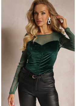 Zielona Welurowa Bluzka z Przezroczystą Siateczką i Marszczeniami Syello ze sklepu Renee odzież w kategorii Bluzki damskie - zdjęcie 162098172