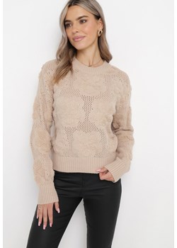 Beżowy Sweter z Wełną i Bawełną Ozdobiony Pluszowym Splotem Karada ze sklepu Born2be Odzież w kategorii Swetry damskie - zdjęcie 162110804