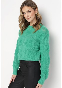 Zielony Sweter z Wełną i Bawełną Ozdobiony Pluszowym Splotem Karada ze sklepu Born2be Odzież w kategorii Swetry damskie - zdjęcie 162121744