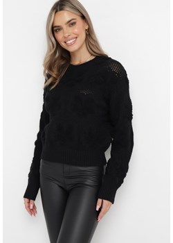 Czarny Sweter z Wełną i Bawełną Ozdobiony Pluszowym Splotem Karada ze sklepu Born2be Odzież w kategorii Swetry damskie - zdjęcie 162121754