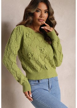 Zielony Sweter o Klasycznym Fasonie Ozdobiony Kwiatami 3D z Tkaniny Loraxis ze sklepu Renee odzież w kategorii Swetry damskie - zdjęcie 162124973