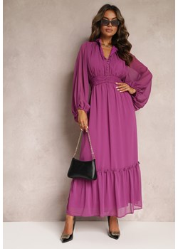 Fioletowa Rozkloszowana Sukienka Maxi ze Stójką i Falbanką Camillene ze sklepu Renee odzież w kategorii Sukienki - zdjęcie 162125121