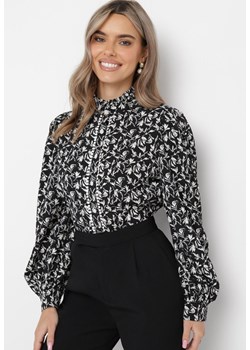 Czarna Koszula ze Stójką i Guzikami w Drobny Print Chryssa ze sklepu Born2be Odzież w kategorii Koszule damskie - zdjęcie 162125552