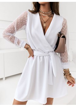 Biała sukienka z przekładanym dekoltem i tiulowymi rękawami Sandera - biały ze sklepu pakuten.pl w kategorii Sukienki - zdjęcie 162156710