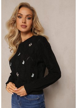 Czarny Klasyczny Sweter z Długim Rękawem i Wyhaftowanymi Kwiatami Hadriela ze sklepu Renee odzież w kategorii Swetry damskie - zdjęcie 162163441