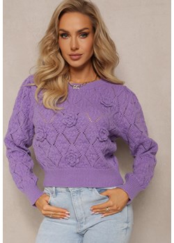 Fioletowy Sweter o Klasycznym Fasonie Ozdobiony Kwiatami 3D z Tkaniny Loraxis ze sklepu Renee odzież w kategorii Swetry damskie - zdjęcie 162163530