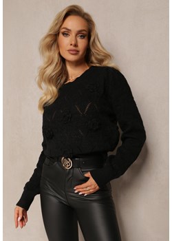 Czarny Sweter o Klasycznym Fasonie Ozdobiony Kwiatami 3D z Tkaniny Loraxis ze sklepu Renee odzież w kategorii Swetry damskie - zdjęcie 162235863