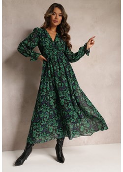Zielono-Czarna Sukienka Maxi Rozkloszowana z Kopertowym Dekoltem Bramave ze sklepu Renee odzież w kategorii Sukienki - zdjęcie 162236112