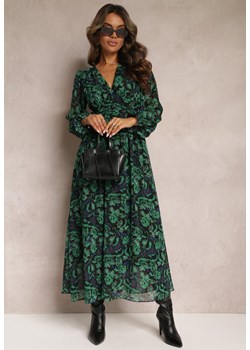 Zielono-Czarna Sukienka Maxi Rozkloszowana z Kopertowym Dekoltem Bramave ze sklepu Renee odzież w kategorii Sukienki - zdjęcie 162236113