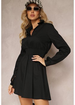Czarna Rozkloszowana Sukienka Mini z Bawełny Ozdobiona Kołnierzykiem z Gumką w Talii Mevinne ze sklepu Renee odzież w kategorii Sukienki - zdjęcie 162236172