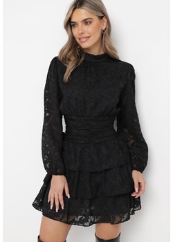 Czarna Taliowana Sukienka Mini Koronkowa z Falbankami Ciluna ze sklepu Born2be Odzież w kategorii Sukienki - zdjęcie 162268663