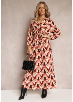 Bordowo-Beżowa Rozkloszowana Sukienka z Kopertowym Dekoltem i Wiązanym Paskiem Salmate ze sklepu Renee odzież w kategorii Sukienki - zdjęcie 162268850