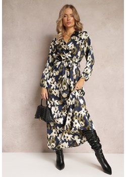 Granatowa Sukienka Maxi w Kwiaty z Kopertową Górą i Paskiem Samahine ze sklepu Renee odzież w kategorii Sukienki - zdjęcie 162268860