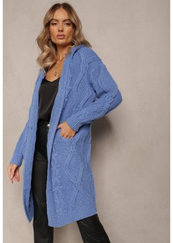 Niebieski Kardigan o Długim Fasonie z Kapturem i Kieszeniami Oricyna ze sklepu Renee odzież w kategorii Swetry damskie - zdjęcie 162300820