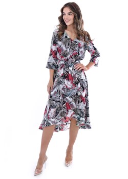 Sukienka FSU1073 CZARNY turkusowo amarantowe liście palmy ze sklepu fokus.pl w kategorii Sukienki - zdjęcie 162302311