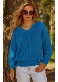 Sweter oversize z dekoltem w serek niebieski S140, Kolor niebieski, Rozmiar one size, Makadamia ze sklepu Primodo w kategorii Swetry damskie - zdjęcie 162313820