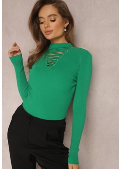 Zielony Sweter z Gorsetowym Wiązaniem na Dekolcie Clallie ze sklepu Renee odzież w kategorii Swetry damskie - zdjęcie 162359250