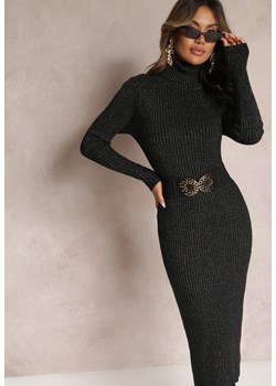 Czarna Midi Sukienka w Prążki z Golfem Obszyta Metaliczną Nicią Levese ze sklepu Renee odzież w kategorii Sukienki - zdjęcie 162402292