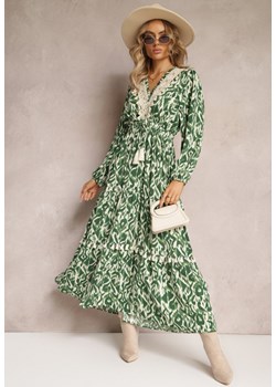Zielona Rozkloszowana Sukienka z Gumką w Pasie i Ażurową Wstawką Margotta ze sklepu Renee odzież w kategorii Sukienki - zdjęcie 162496852