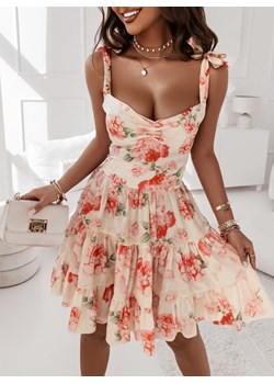 Rozkloszowana sukienka w kwiaty z wiązanymi ramiączkami Yoselin -D14 - d14 ze sklepu pakuten.pl w kategorii Sukienki - zdjęcie 162643632