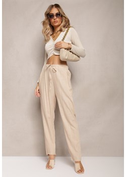 Beżowe Proste Spodnie Bawełniane z Gumką w Pasie Xisela ze sklepu Renee odzież w kategorii Spodnie damskie - zdjęcie 162740473
