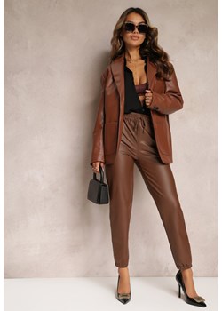 Brązowe Spodnie z Imitacji Skóry Ocieplone z Gumką w Pasie Bramia ze sklepu Renee odzież w kategorii Spodnie damskie - zdjęcie 162740760