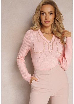 Różowy Prążkowany Sweter z Cienkim Łańcuszkiem Nacorella ze sklepu Renee odzież w kategorii Swetry damskie - zdjęcie 162740934