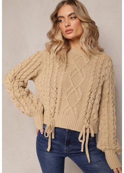 Beżowy Sweter z Ozdobnym Sznurowaniem na Dole i Ściągaczami Miritu ze sklepu Renee odzież w kategorii Swetry damskie - zdjęcie 162747733