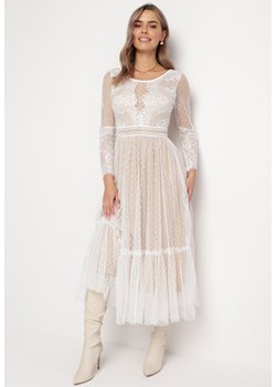 Beżowa Sukienka Maxi o Rozkloszowanym Fasonie z Ozdobną Koronką i Tiulem Steilla ze sklepu Born2be Odzież w kategorii Sukienki - zdjęcie 162749830
