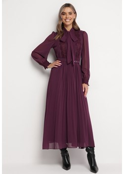Ciemnofioletowa Rozkloszowana Sukienka Maxi z Plisowanym Dołem i Paskiem Brofilla ze sklepu Born2be Odzież w kategorii Sukienki - zdjęcie 162749942