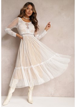 Beżowa Rozkloszowana Sukienka Maxi z Koronkowymi Wstawkami i Tiulem Kollla ze sklepu Renee odzież w kategorii Sukienki - zdjęcie 162750270