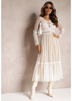 Beżowa Rozkloszowana Sukienka Maxi z Koronkowymi Wstawkami i Tiulem Kollla ze sklepu Renee odzież w kategorii Sukienki - zdjęcie 162750271