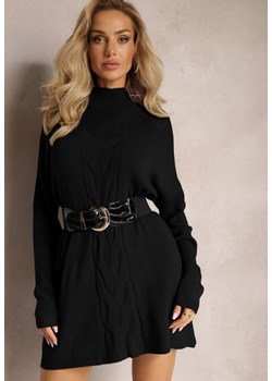 Czarny Sweter z Golfem Oversize z Ozdobnym Splotem i Wiskozą Varela ze sklepu Renee odzież w kategorii Swetry damskie - zdjęcie 162750300