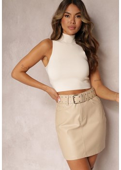 Beżowa Mini Spódnica o Dopasowanym Fasonie z Paskiem i Klamrą Riletera ze sklepu Renee odzież w kategorii Spódnice - zdjęcie 162750561