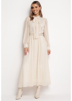 Beżowa Rozkloszowana Sukienka Maxi z Plisowanym Dołem i Paskiem Brofilla ze sklepu Born2be Odzież w kategorii Sukienki - zdjęcie 162785923