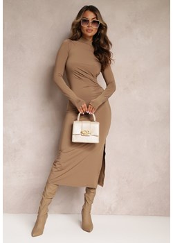 Brązowa Sukienka Midi z Marszczeniem i Rozcięciem Vangia ze sklepu Renee odzież w kategorii Sukienki - zdjęcie 162786110