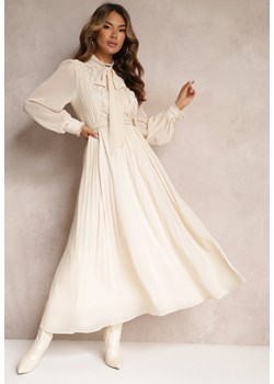 Beżowa Plisowana Sukienka Maxi z Koronką i Paskiem Venila ze sklepu Renee odzież w kategorii Sukienki - zdjęcie 162786191