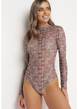 Beżowe Siateczkowe Body z Mozaikowym Kwiatowym Wzorem Binavia ze sklepu Born2be Odzież w kategorii Bluzki damskie - zdjęcie 162790440